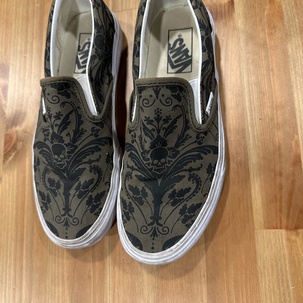 Vans Black and Green Canvas Slip-Ons